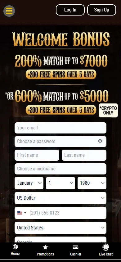 Lucky 7 Casino home page on mobile
