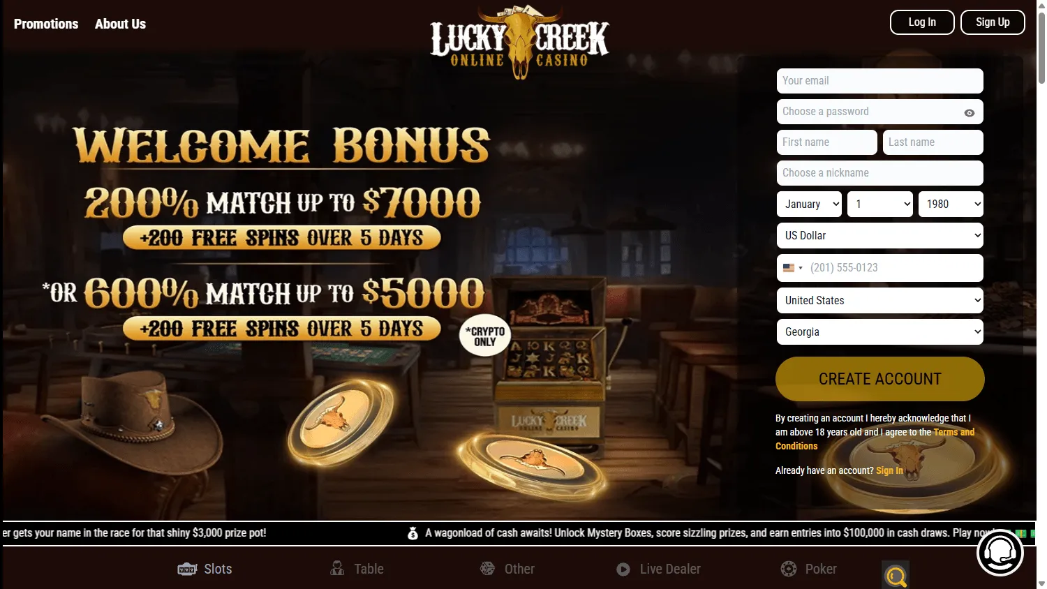 Lucky 7 Casino home page on desktop